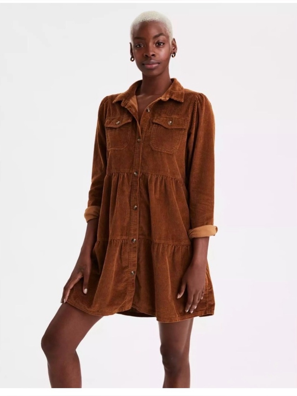 American Eagle Size S Corduroy Button Up Babydoll Shirt Dress